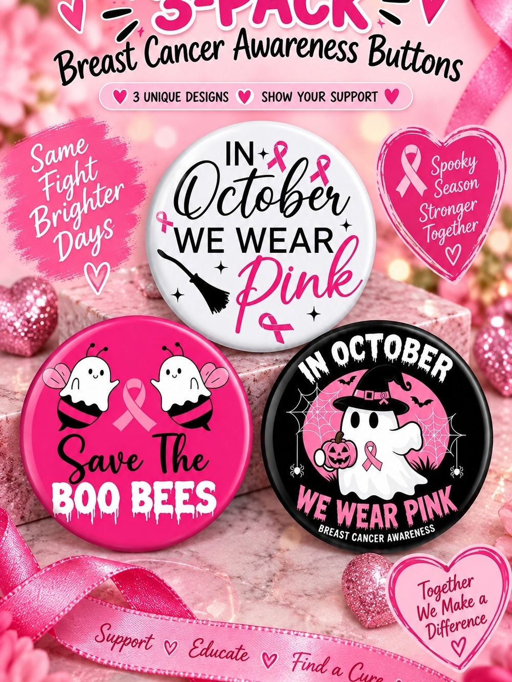 Breast Cancer Awareness Buttons 3-Pack - Pink Halloween Designs